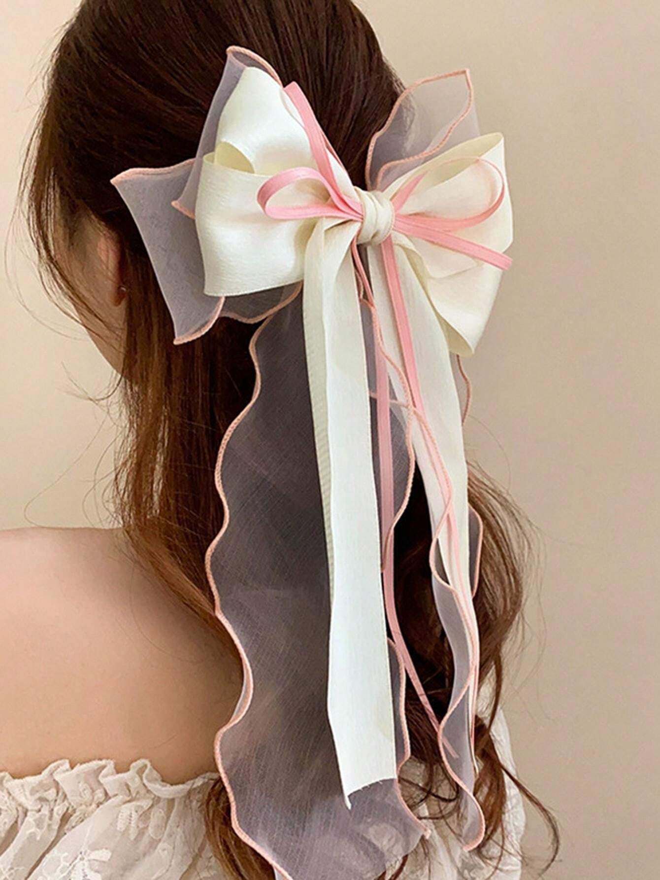 1pc Sweet & Elegant Extra-Large Mesh Bowknot Long Ribbon Hair Clip