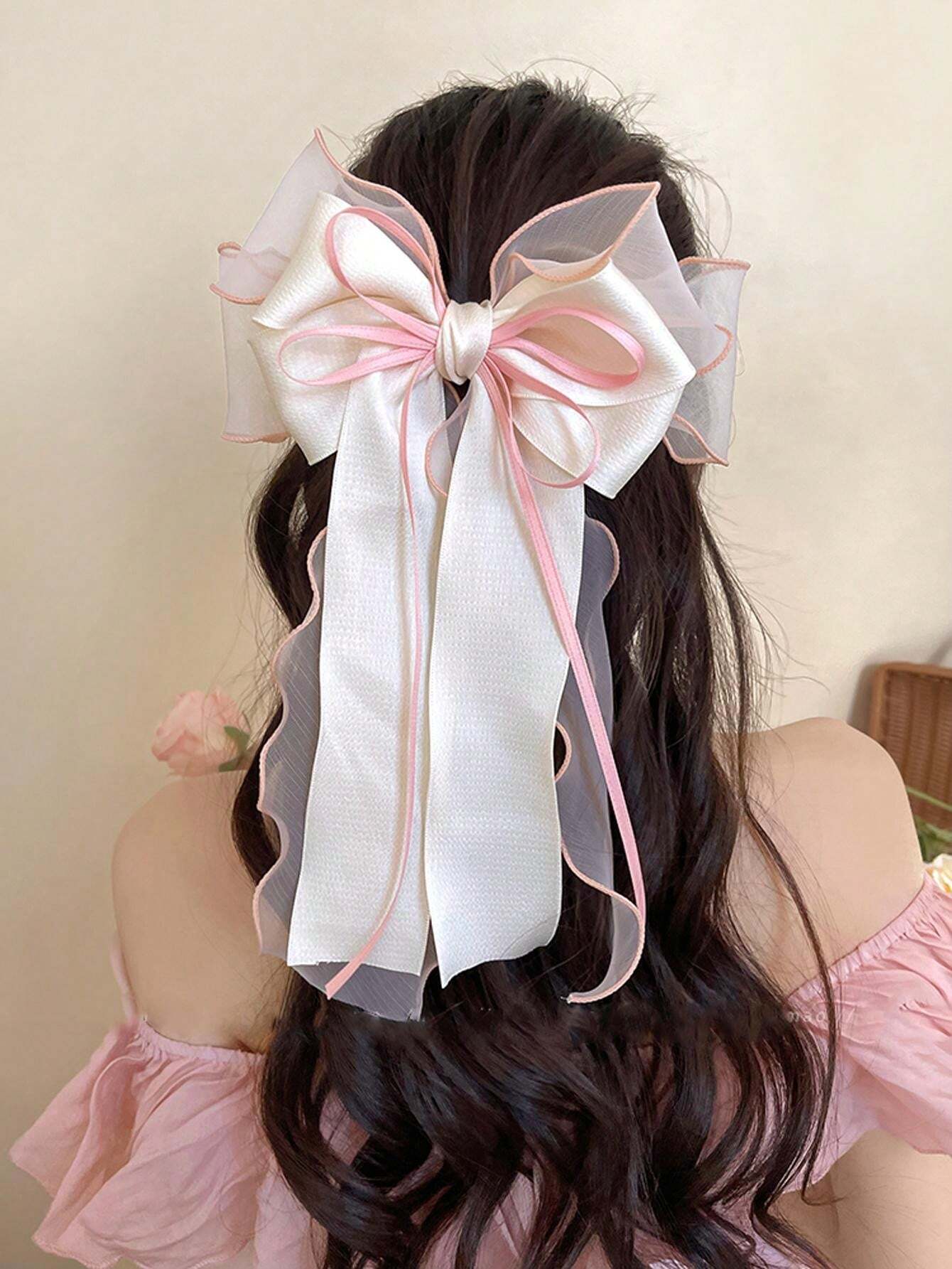 1pc Sweet & Elegant Extra-Large Mesh Bowknot Long Ribbon Hair Clip