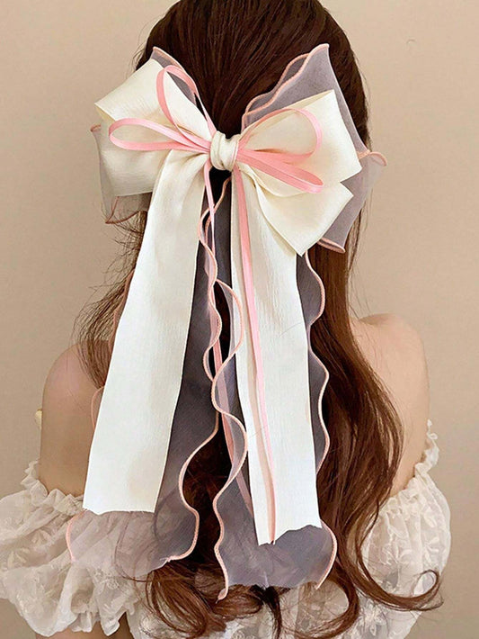 1pc Sweet & Elegant Extra-Large Mesh Bowknot Long Ribbon Hair Clip