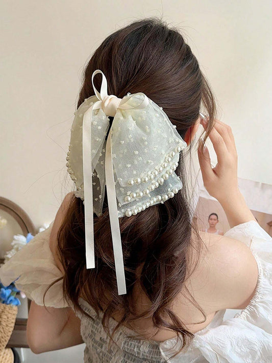 1pc Pearl Decorated Mesh Ribbon Multi-Layered Bowknot Hair Clip for Girls