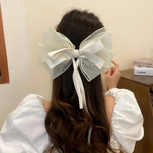 1pc Elegant Faux Pearl Ribbon Bowknot Decorative Hair Clip Trendy Hair Decoration For Women And Girls Wear