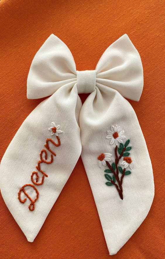 Personalized Custom Name Hair Bow Tulip Flower Hand Embroidered Bow