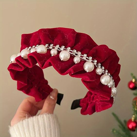 Elegant Faux Pearl Sparkling Rhinestone Decorative Velvet Hair Band