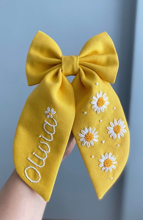 Personalized Custom Name Hair Bow Tulip Flower Hand Embroidered Bow