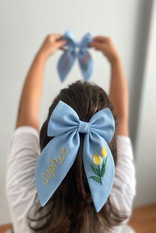 Personalized Custom Name Hair Bow Tulip Flower Hand Embroidered Bow